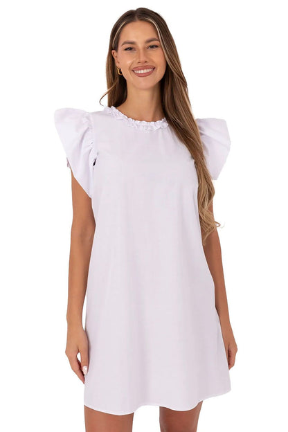 white flared ruffle day dress front view