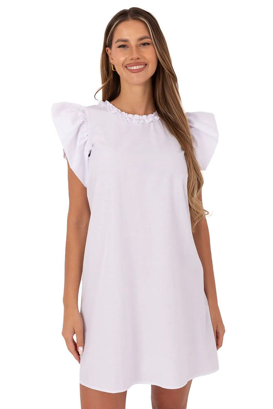 white flared ruffle day dress front view