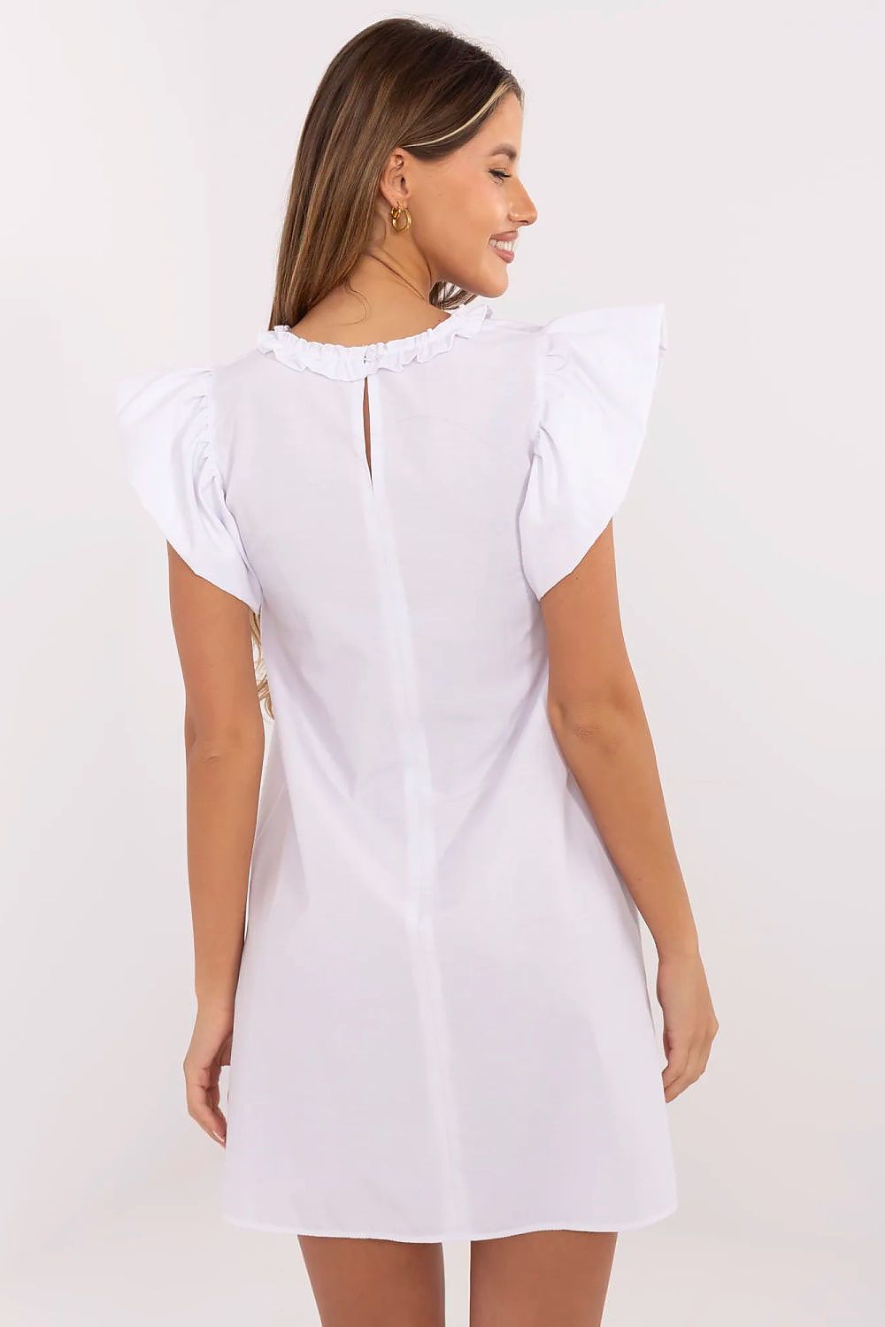 white flared ruffle day dress detail view