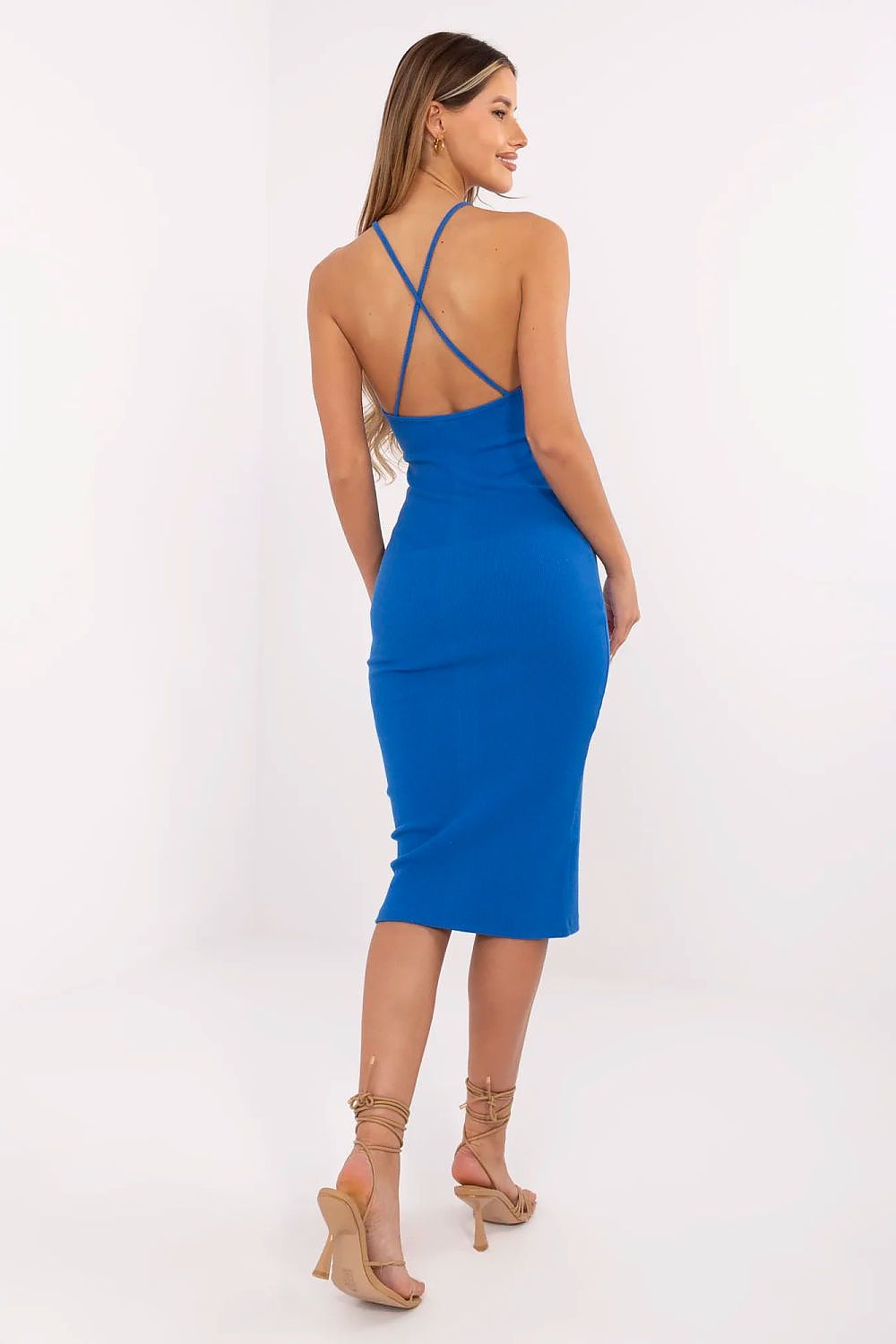 blue ribbed pencil day dress alternate angle