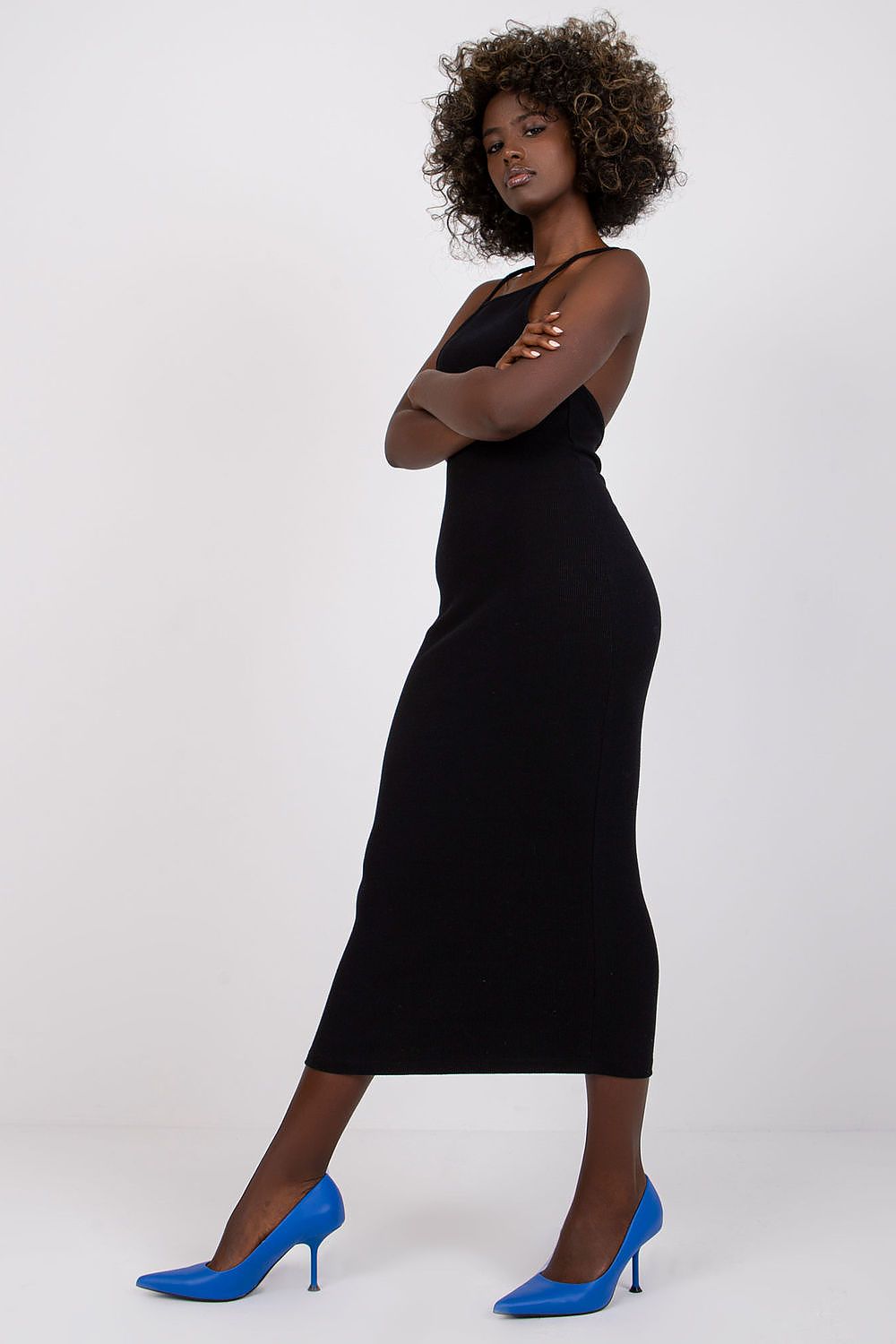 blue ribbed pencil day dress back view