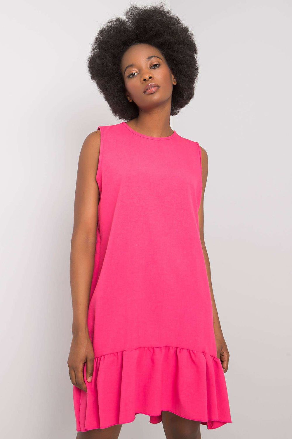 pink ruffle sleeveless day dress front view