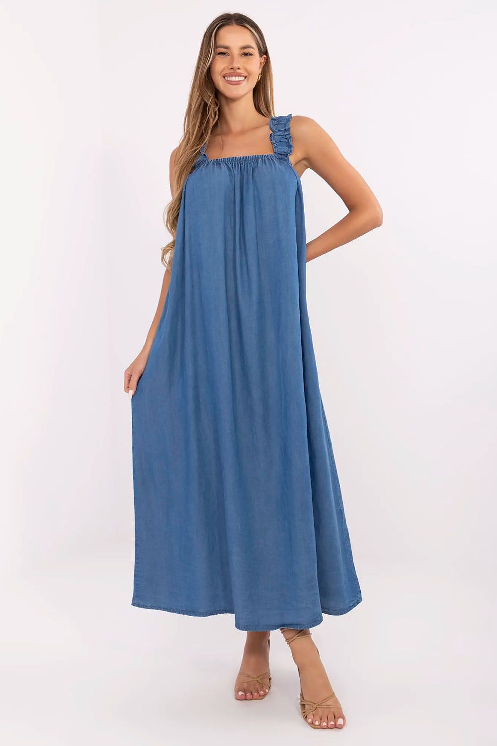 blue square neck mini day dress front view
