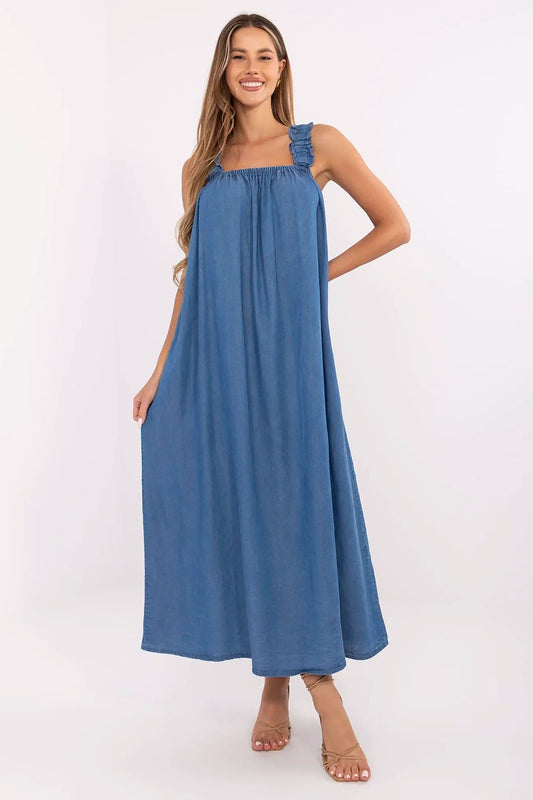 blue square neck mini day dress front view