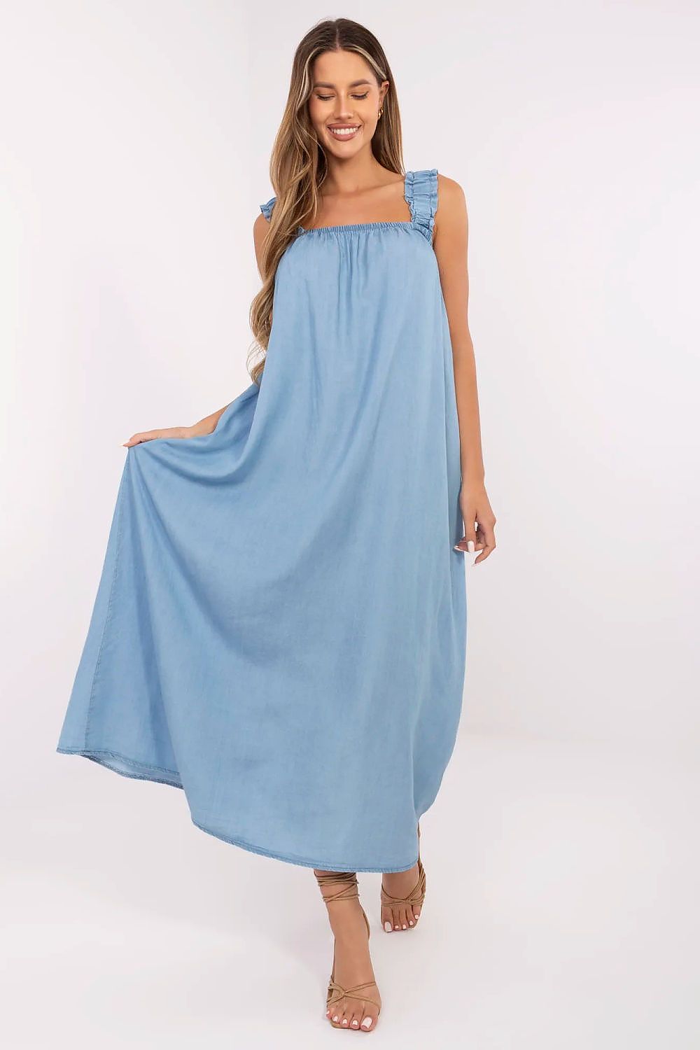 blue square neck mini day dress back view