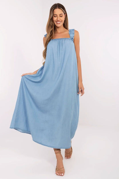 blue square neck mini day dress back view
