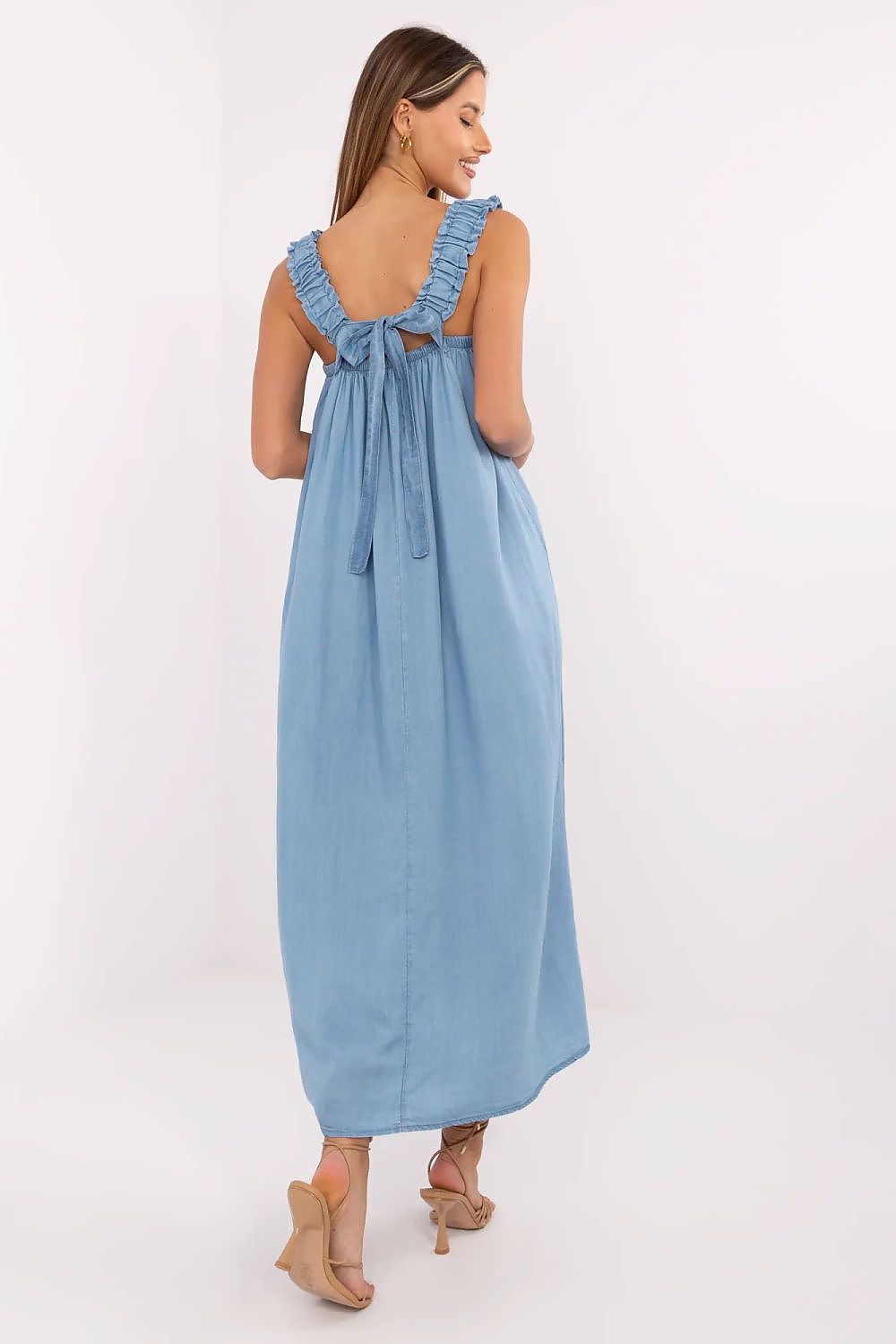 blue square neck mini day dress side view