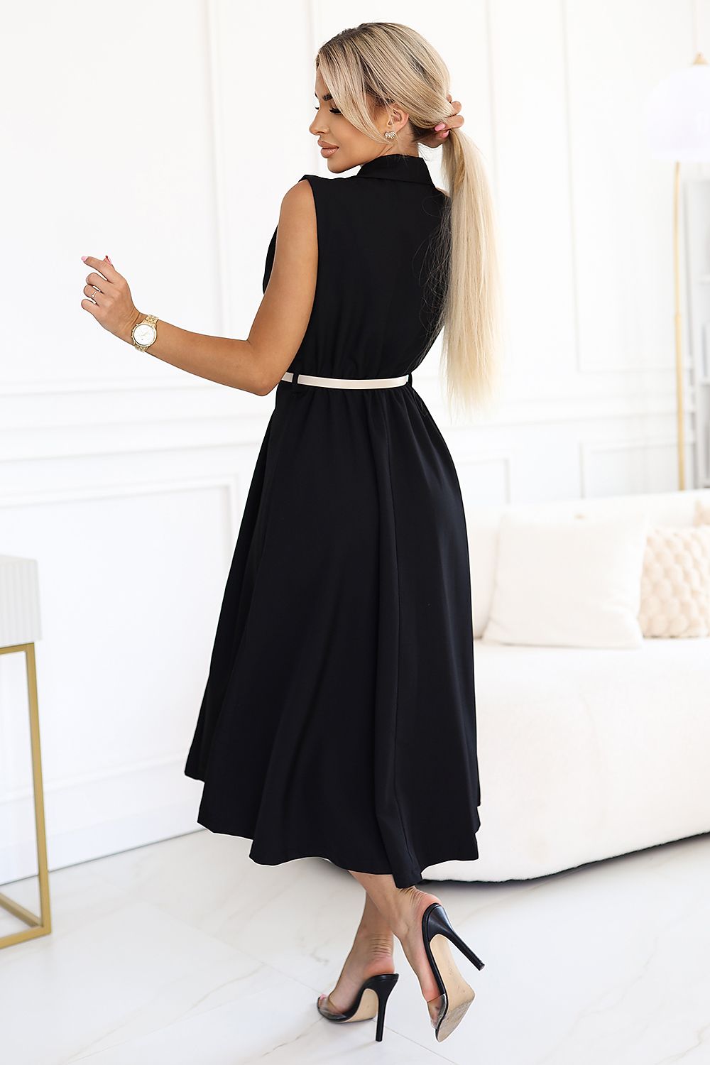 grey flared belted day dress view 6