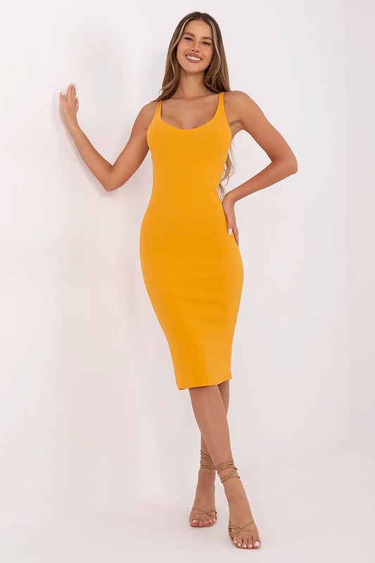 orange pencil v-neck v-neck striped pencil dress with thin straps – elegant casual midi for women front view