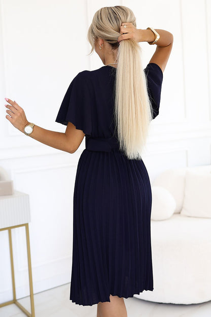 navy blue pleated flared day dress detail view