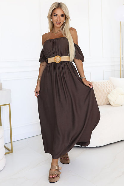 brown belted mini day dress front view
