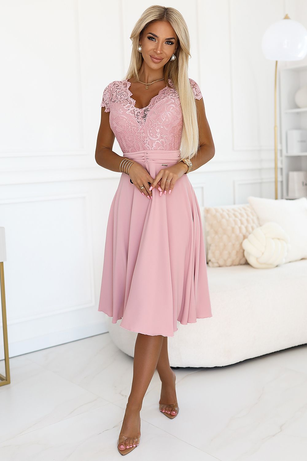 pink lace short sleeve evening dress view 16