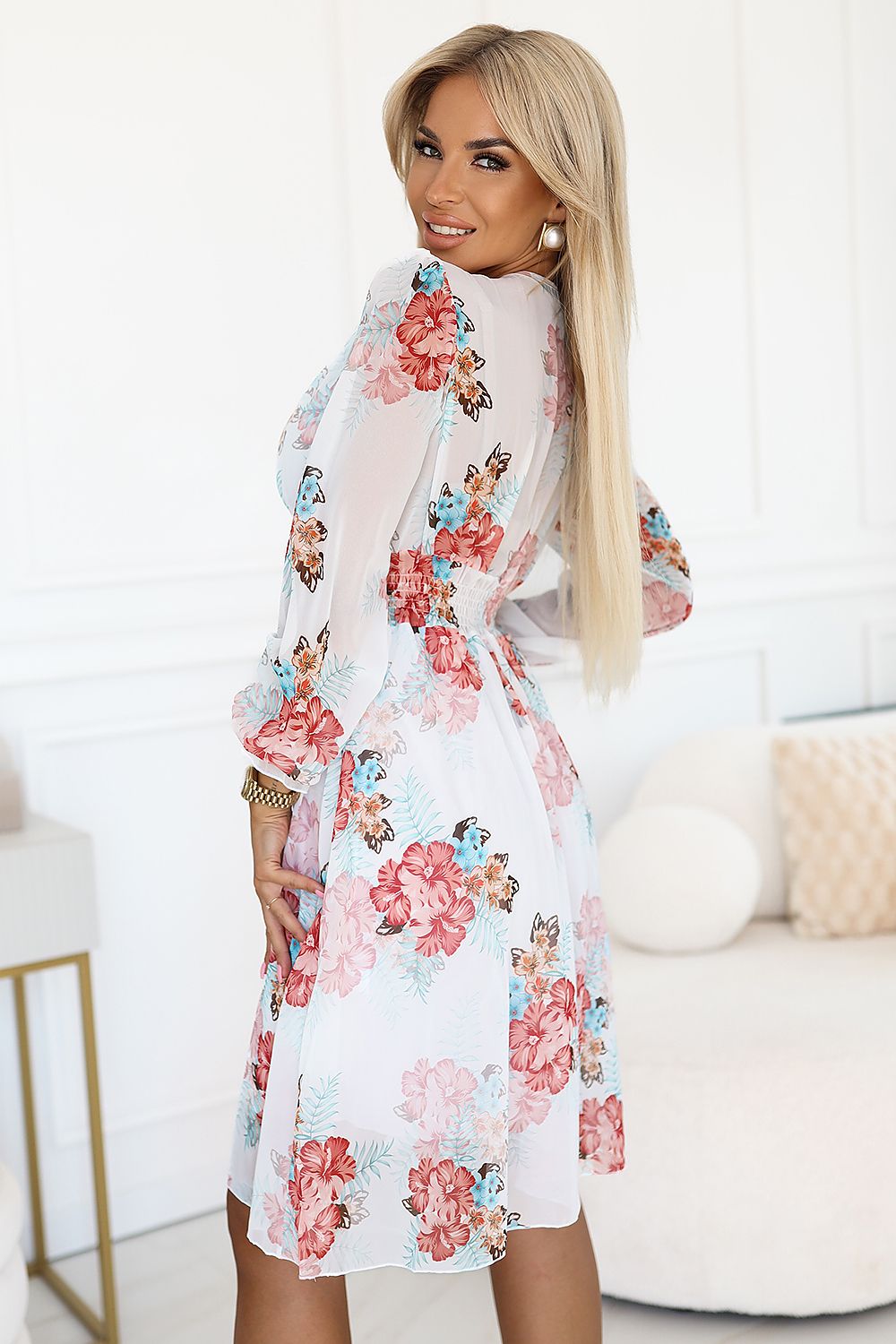 beige long sleeve mini elegant beige long sleeve dress with chiffon fabric & floral pattern – versatile daywear view 6