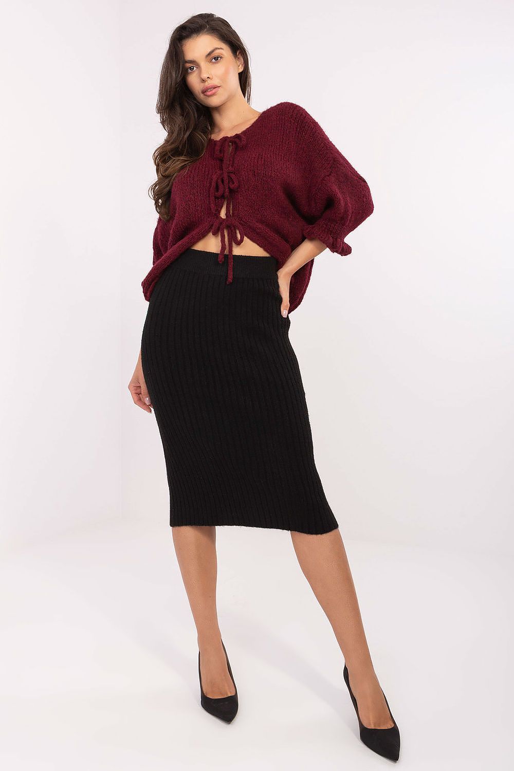 Women's Black and Beige Easy-fit Elastic Detail Skirt front view