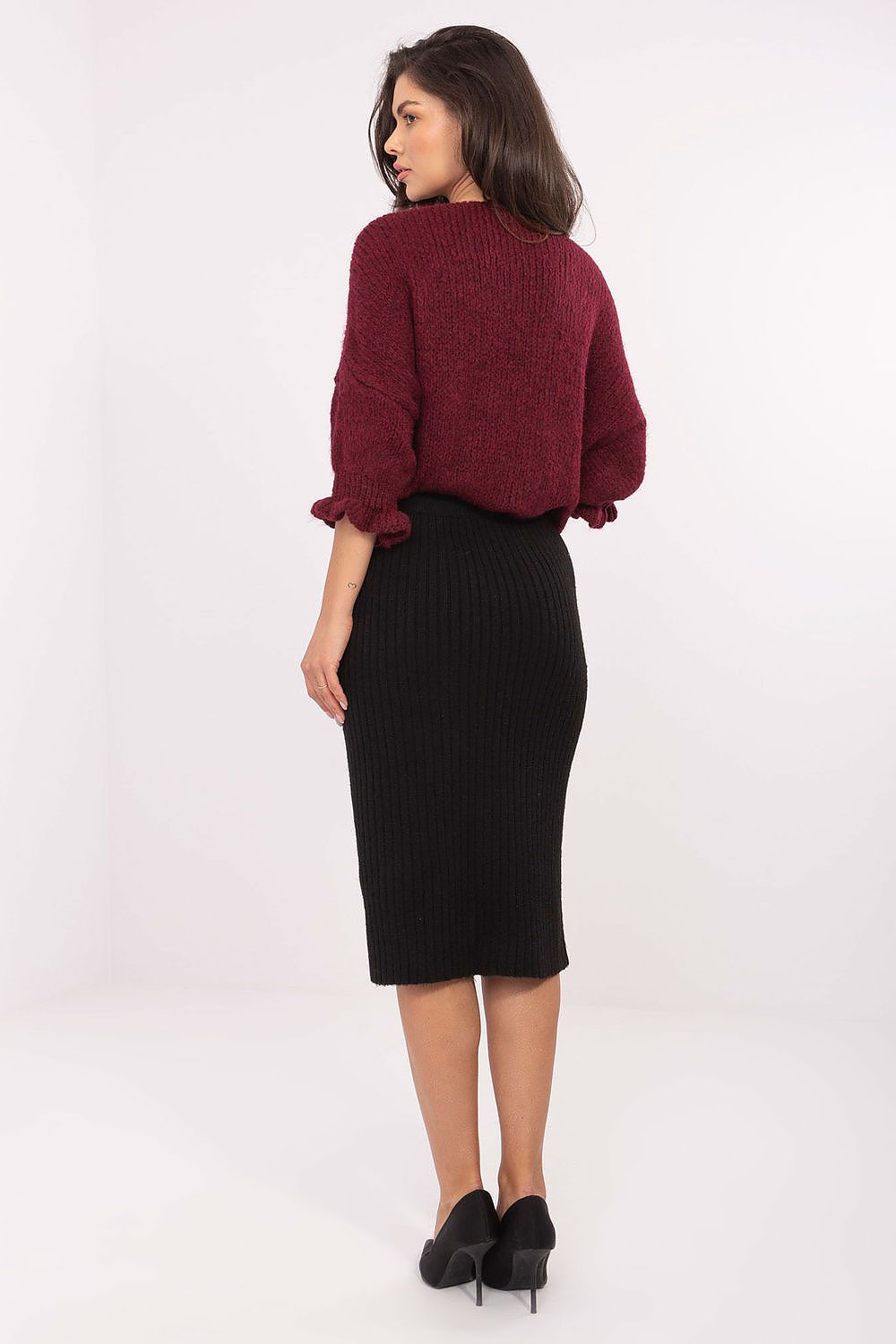 Women's Black and Beige Easy-fit Elastic Detail Skirt detail view