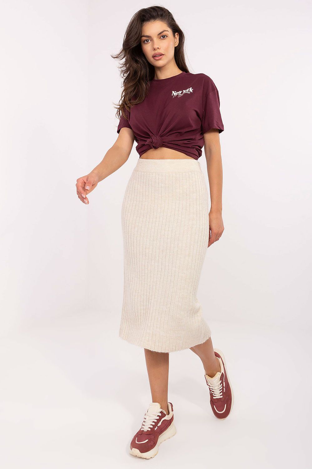 Women's Black and Beige Easy-fit Elastic Detail Skirt view 7