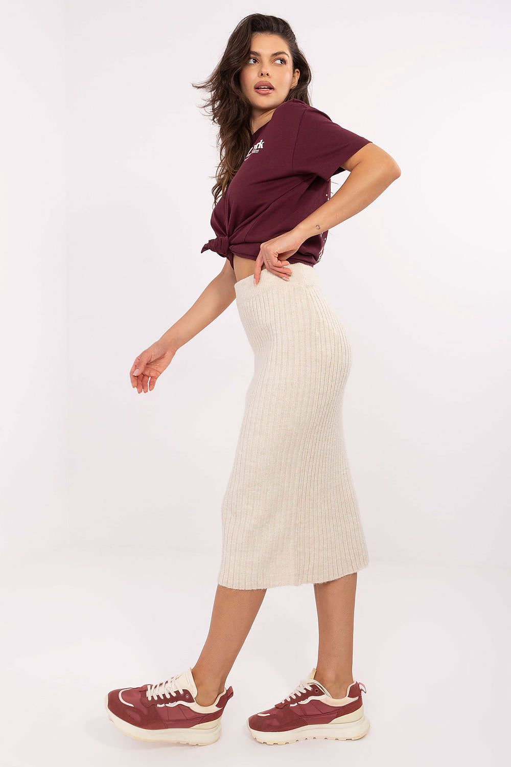 Women's Black and Beige Easy-fit Elastic Detail Skirt view 8