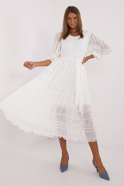 white flared belted day dress front view