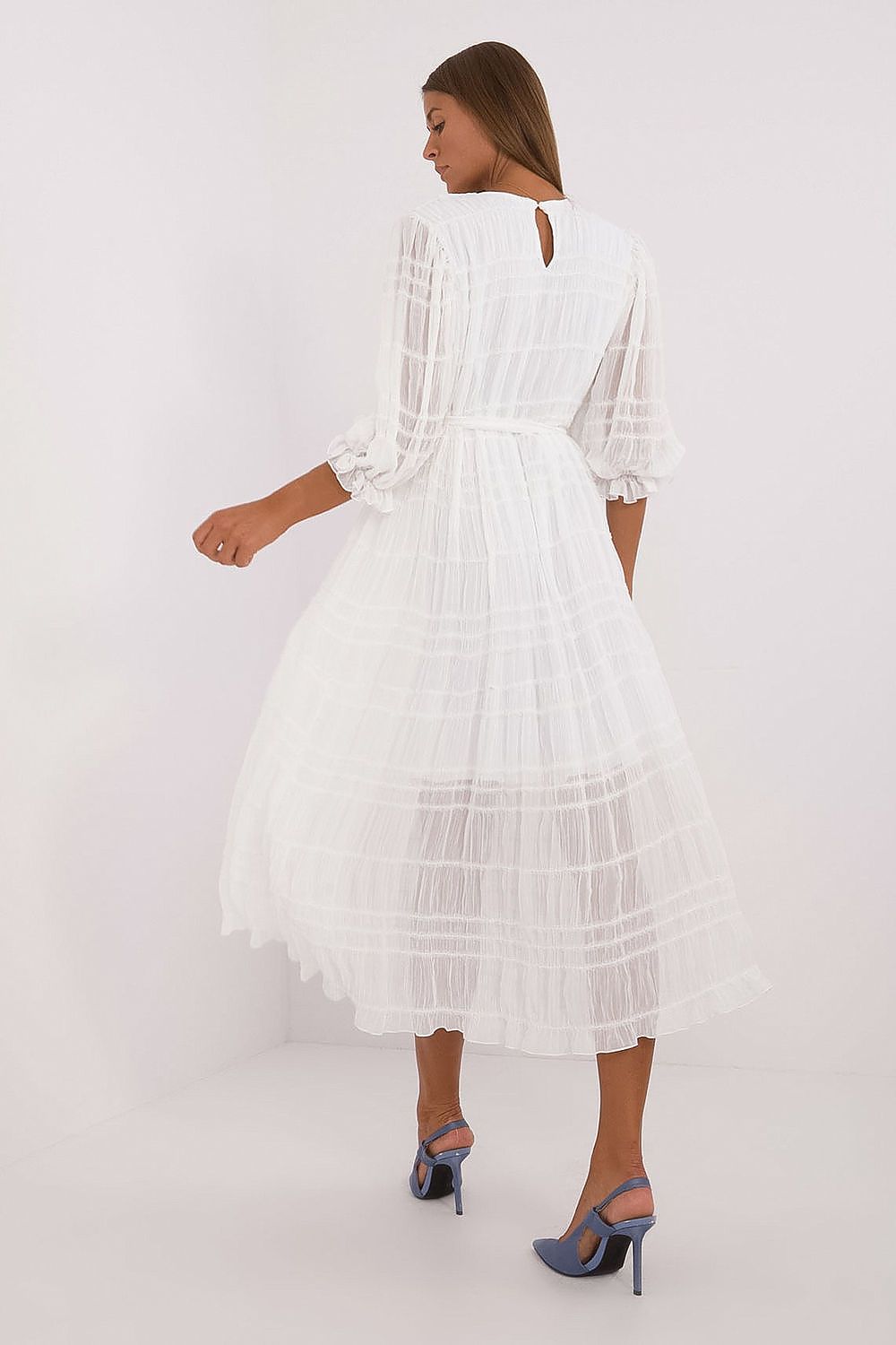 white flared belted day dress detail view