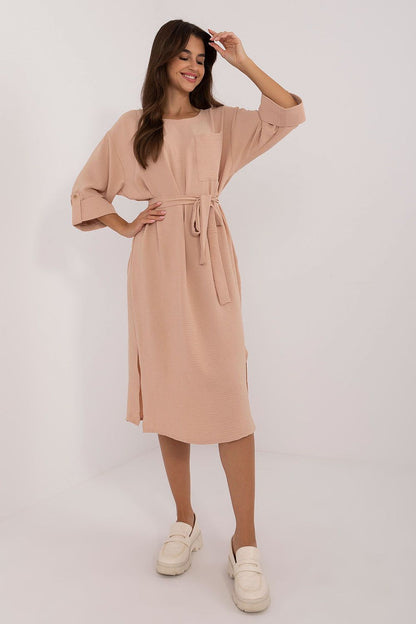 brown belted midi day dress front view