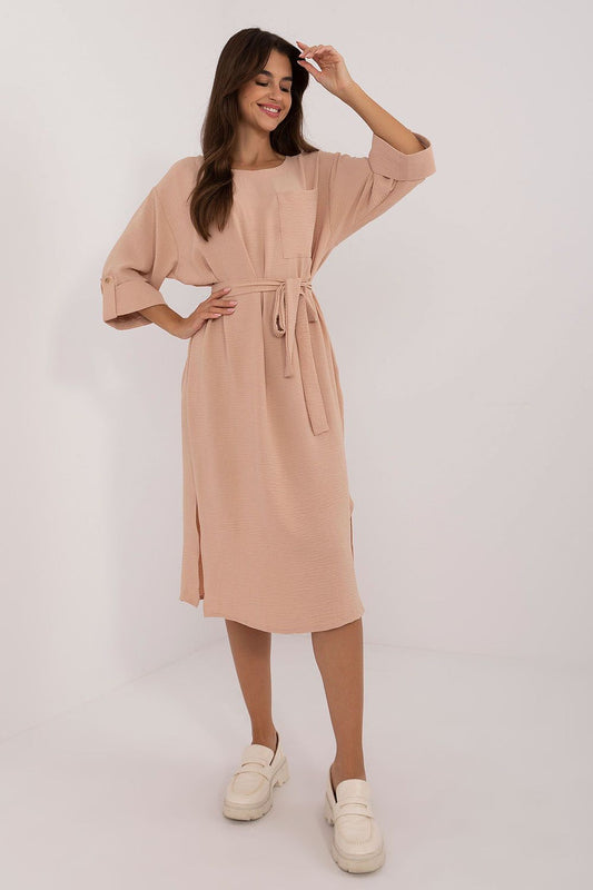 brown belted midi day dress front view
