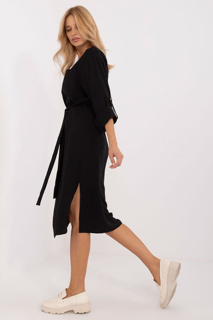 brown belted midi day dress side view