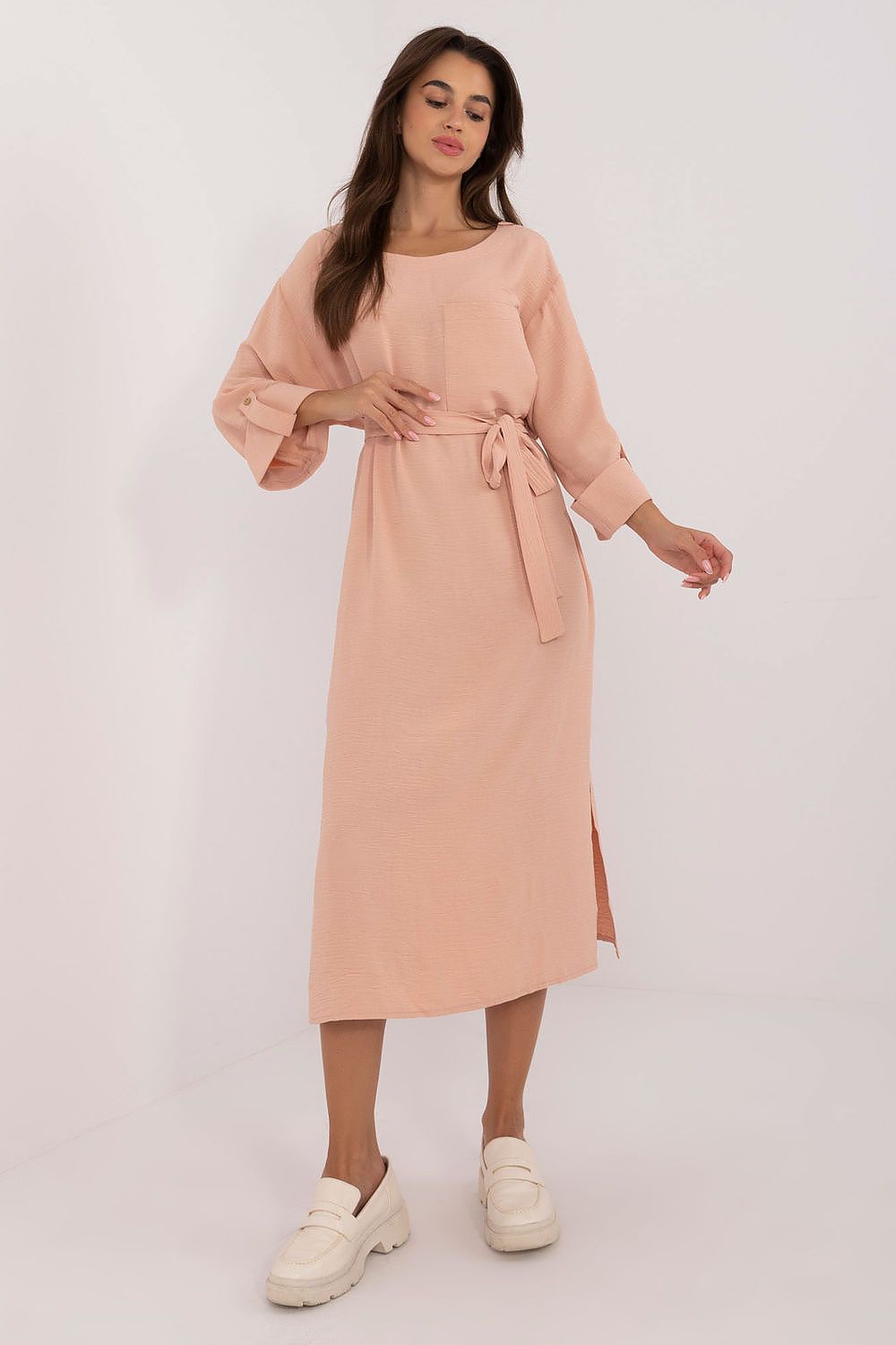 brown belted midi day dress view 7