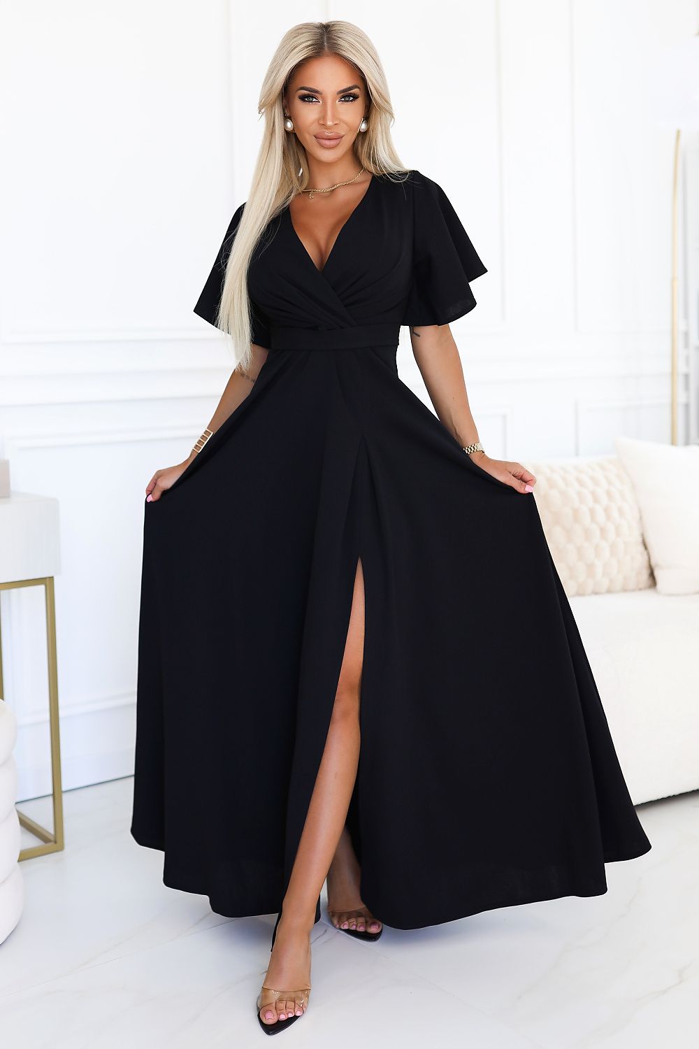 black wrap belted long dress view 13
