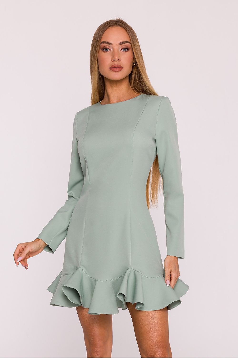 green ruffle long sleeve cocktail dress front view