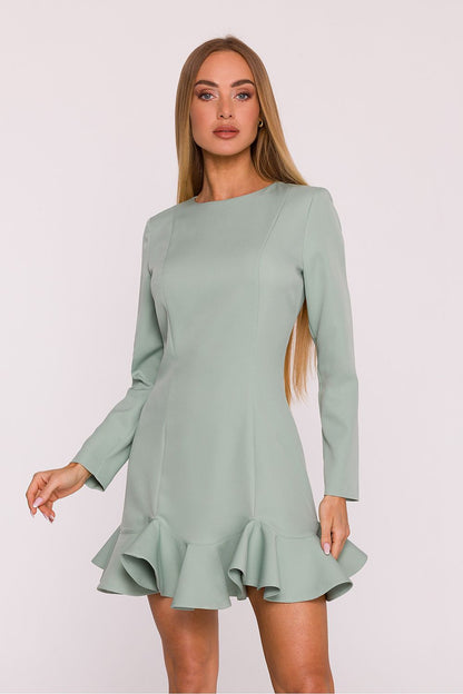 green ruffle long sleeve cocktail dress front view