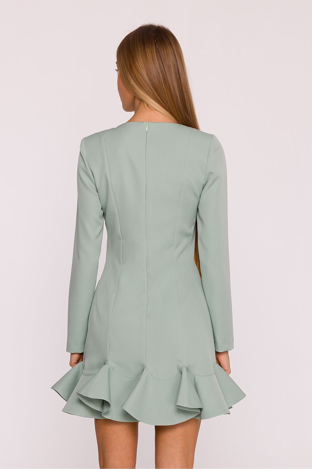 green ruffle long sleeve cocktail dress detail view