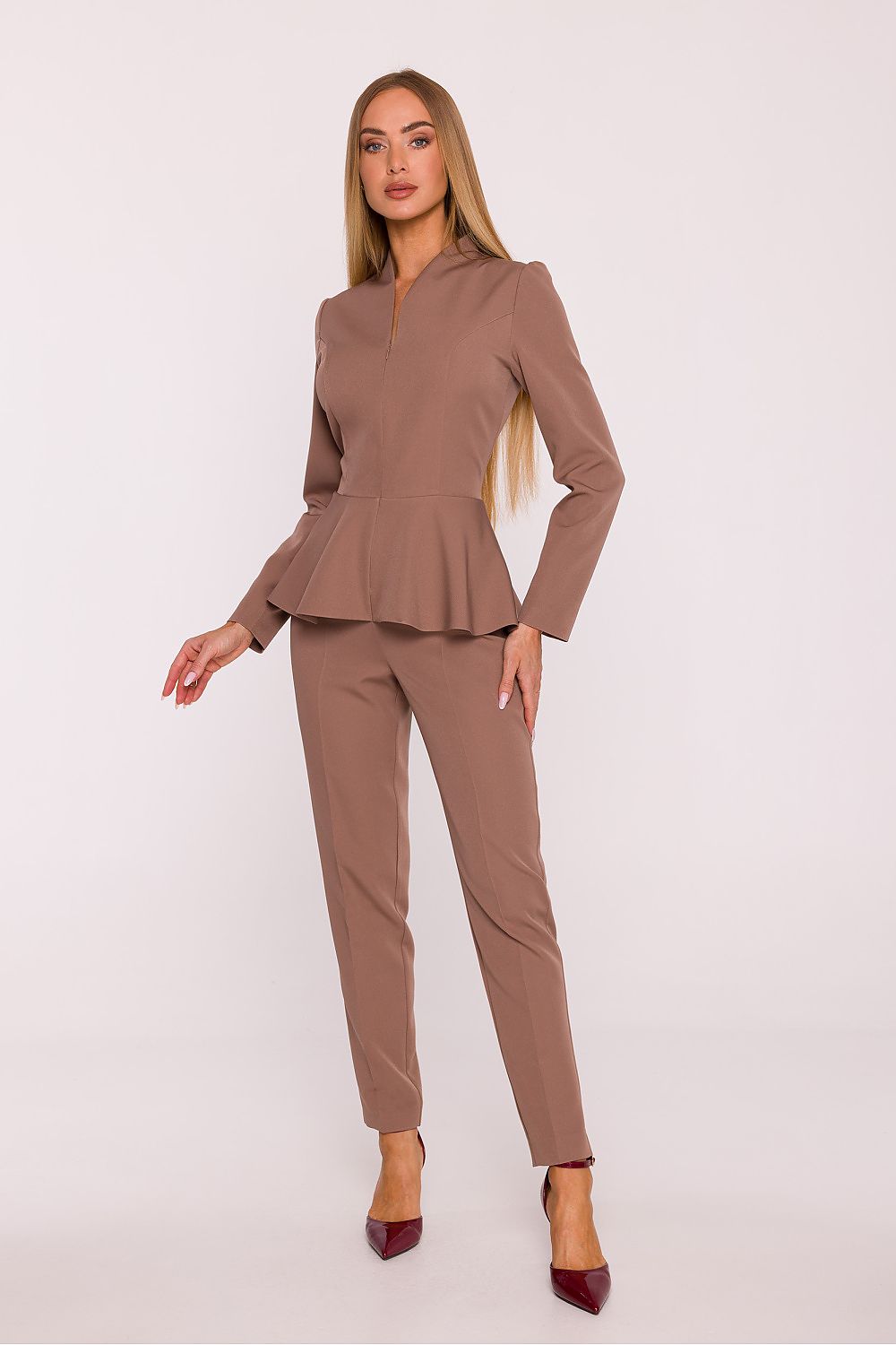 brown long sleeve v-neck suit front view