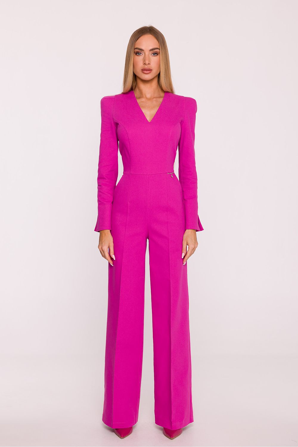 pink flared long sleeve suit front view
