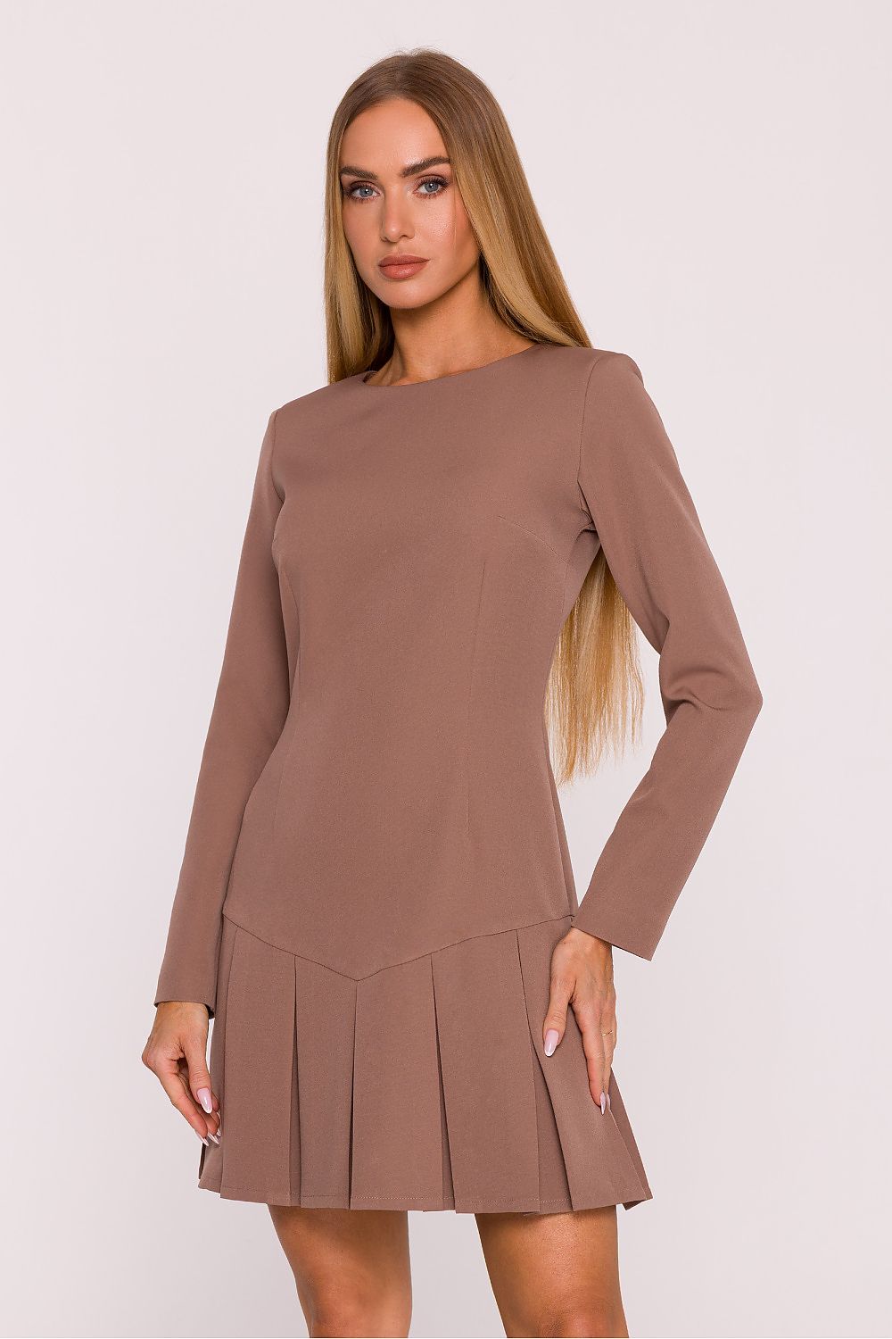 brown long sleeve mini elegant brown long sleeve mini dress – timeless & modern classic front view