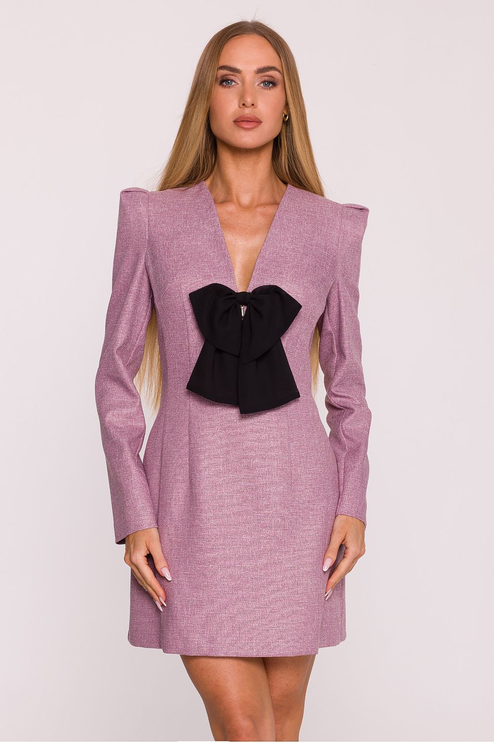 pink v-neck mini chic pink v-neck mini dress with tweed fabric – elegant & modern style for daywear front view
