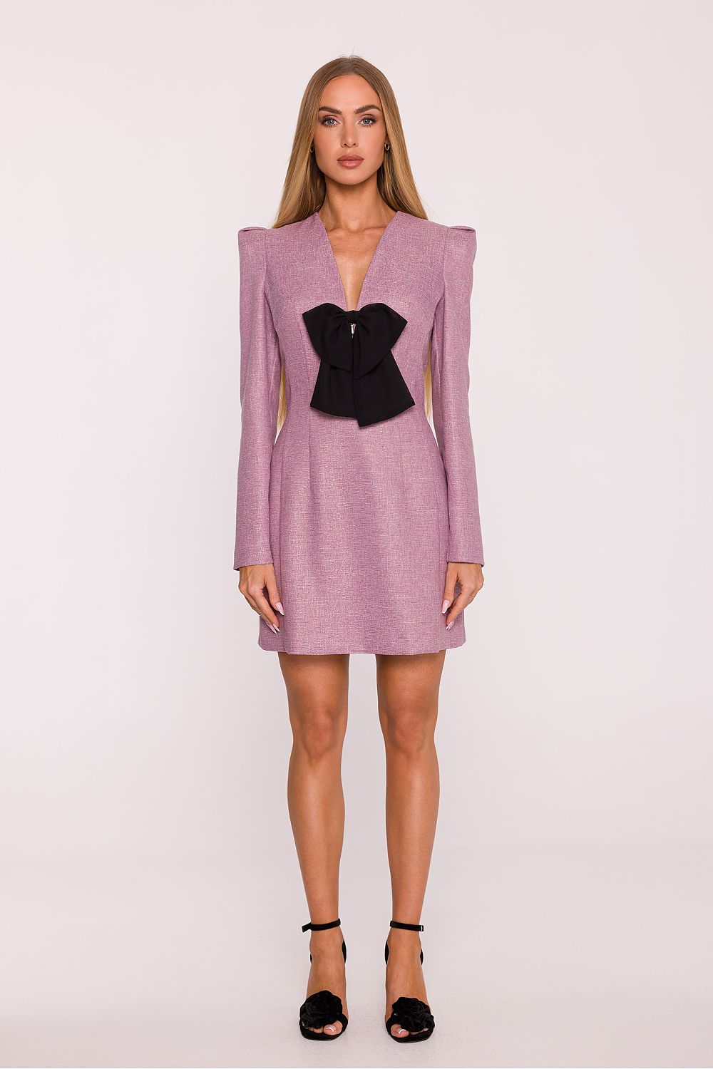 pink v-neck mini chic pink v-neck mini dress with tweed fabric – elegant & modern style for daywear alternate angle