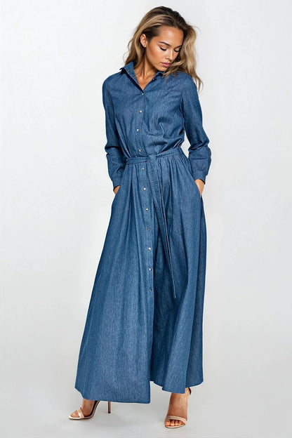 blue belted long sleeve day dress front view