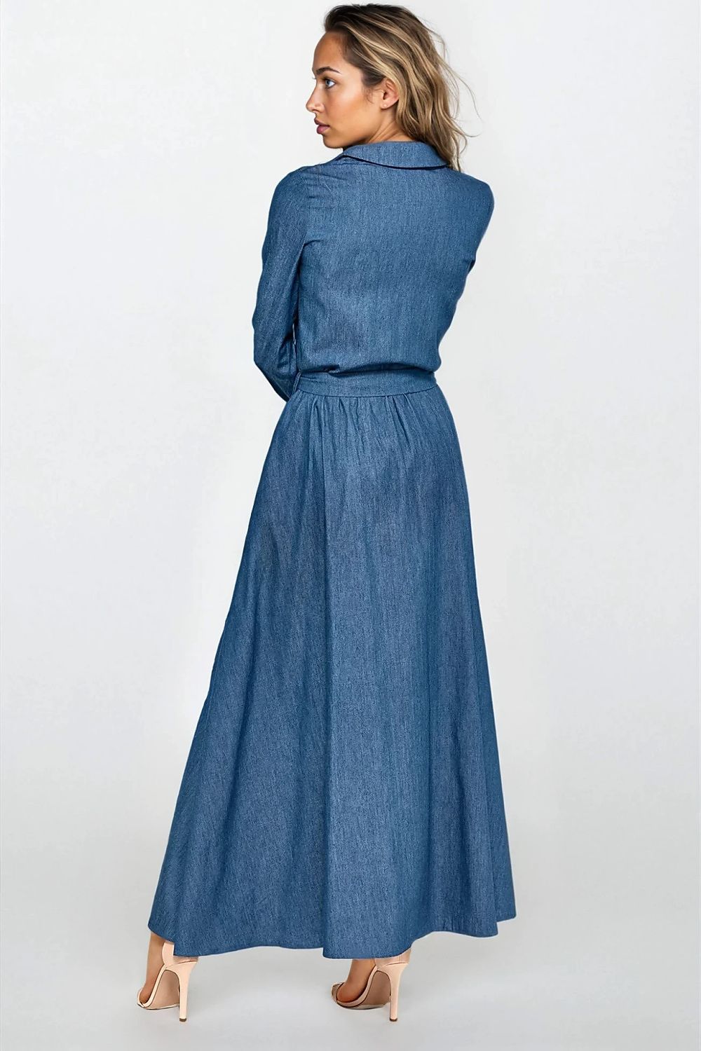 blue belted long sleeve day dress alternate angle
