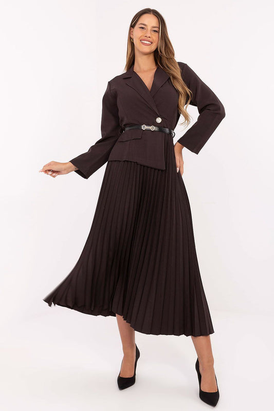 brown pleated flared elegant brown pleated flared maxi dress with classic sailor collar for stylish occasions front view
