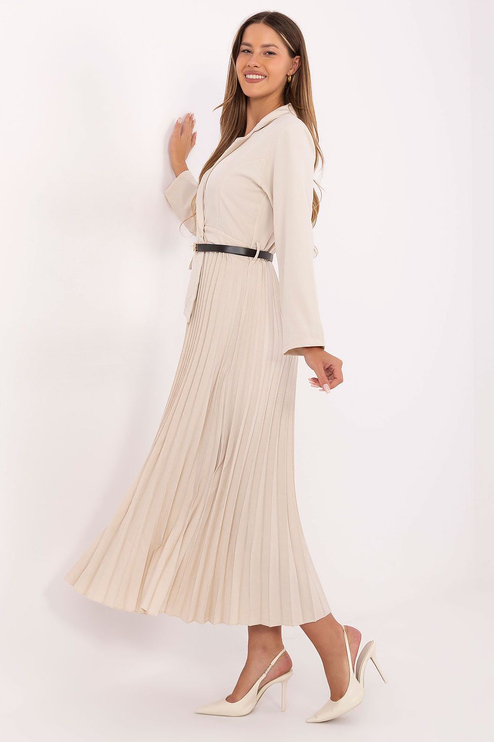brown pleated flared elegant brown pleated flared maxi dress with classic sailor collar for stylish occasions side view
