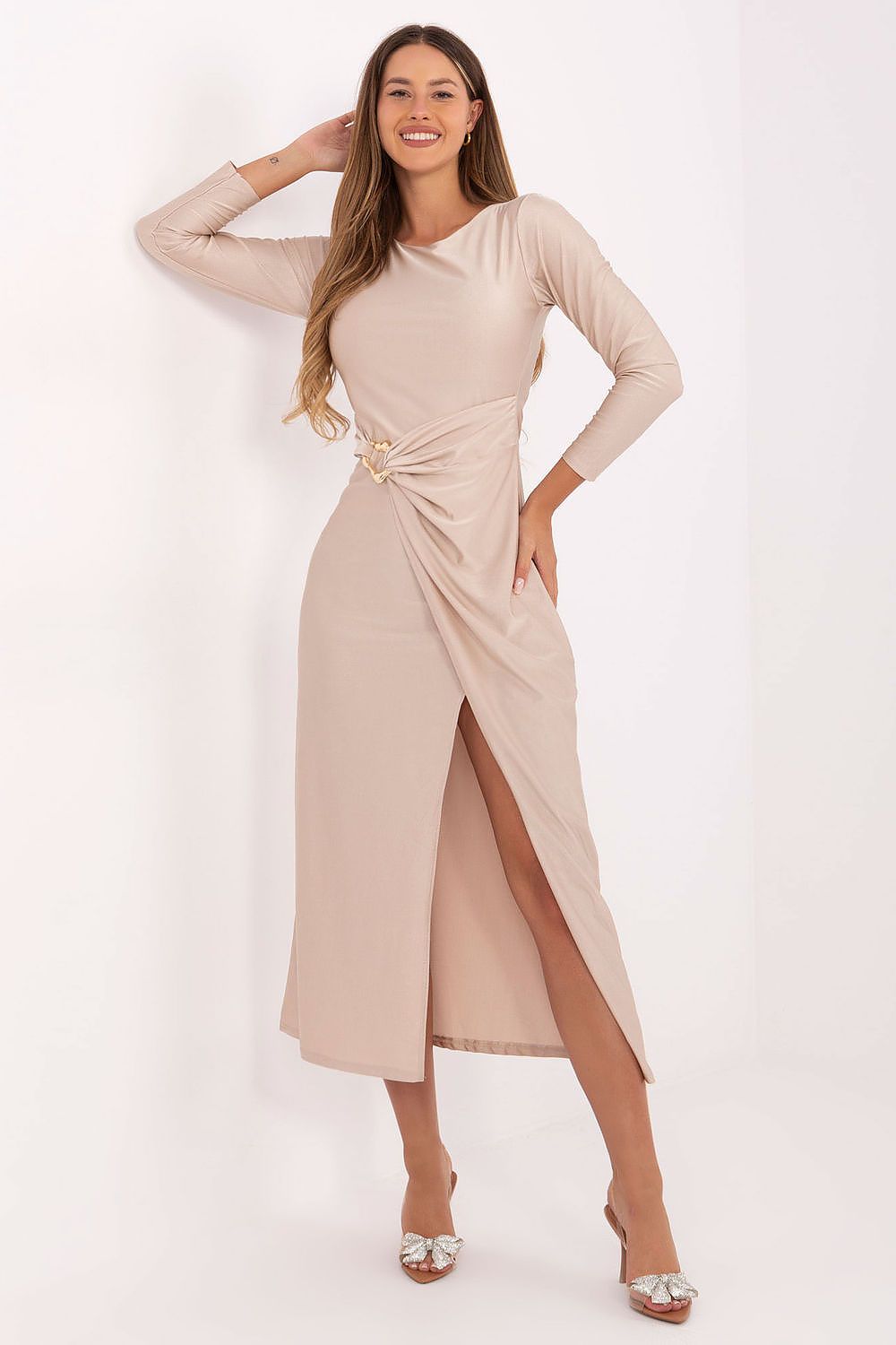 beige wrap long sleeve evening dress front view