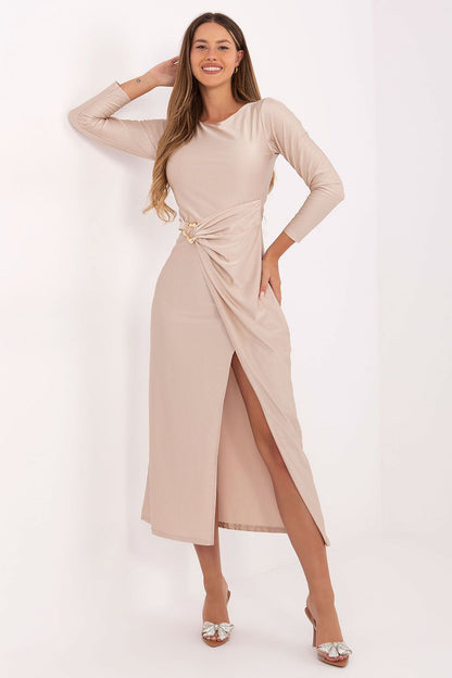 beige wrap long sleeve evening dress front view