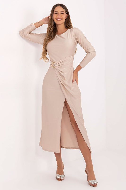 beige wrap long sleeve evening dress front view