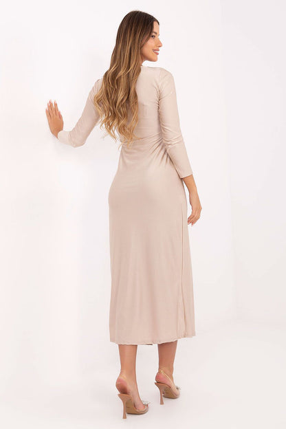 beige wrap long sleeve evening dress detail view