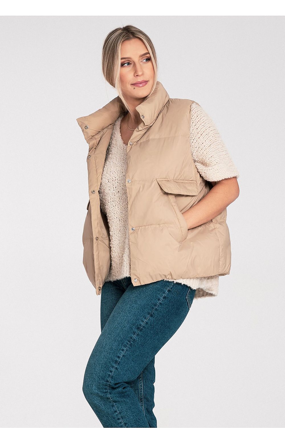 beige gilet back view