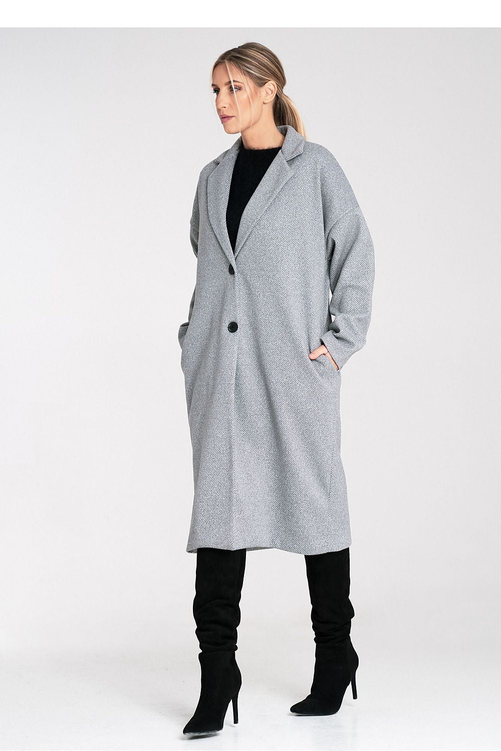 grey coat back view
