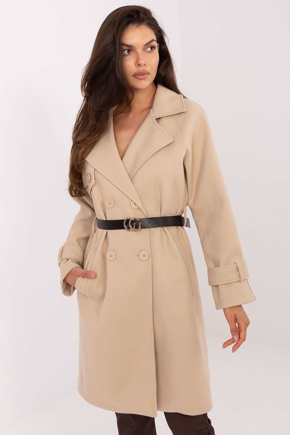 beige coat front view