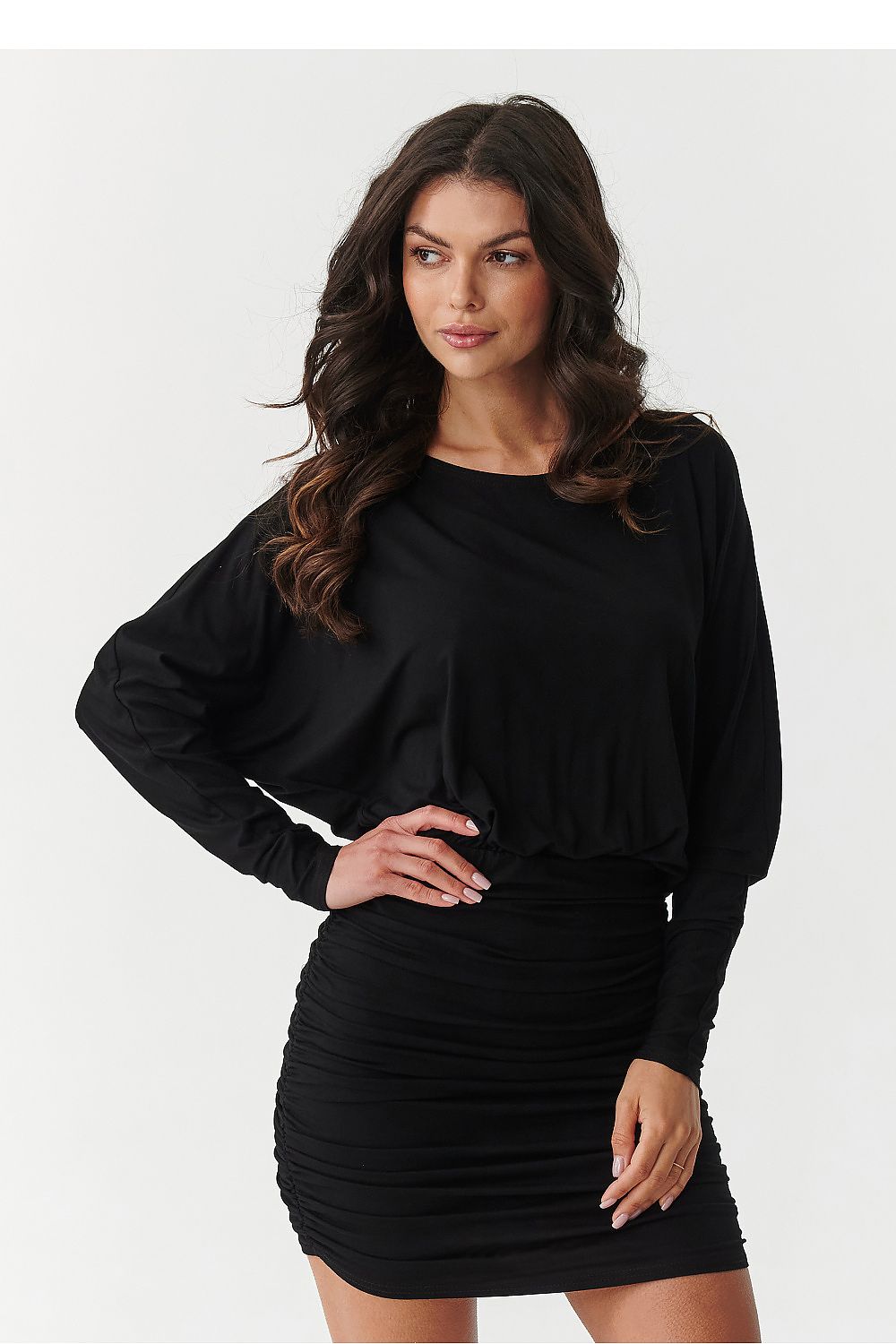 black mini day dress front view