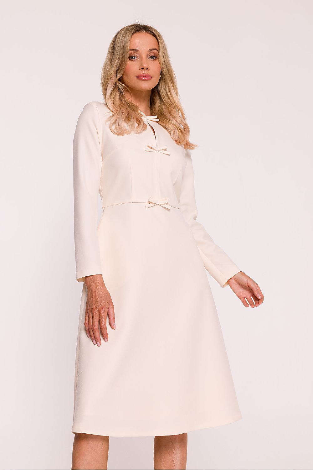 beige long sleeve mini day dress front view