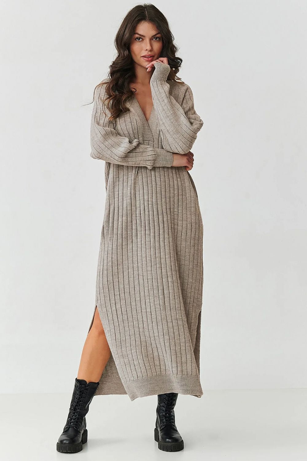 beige ribbed long sleeve day dress front view